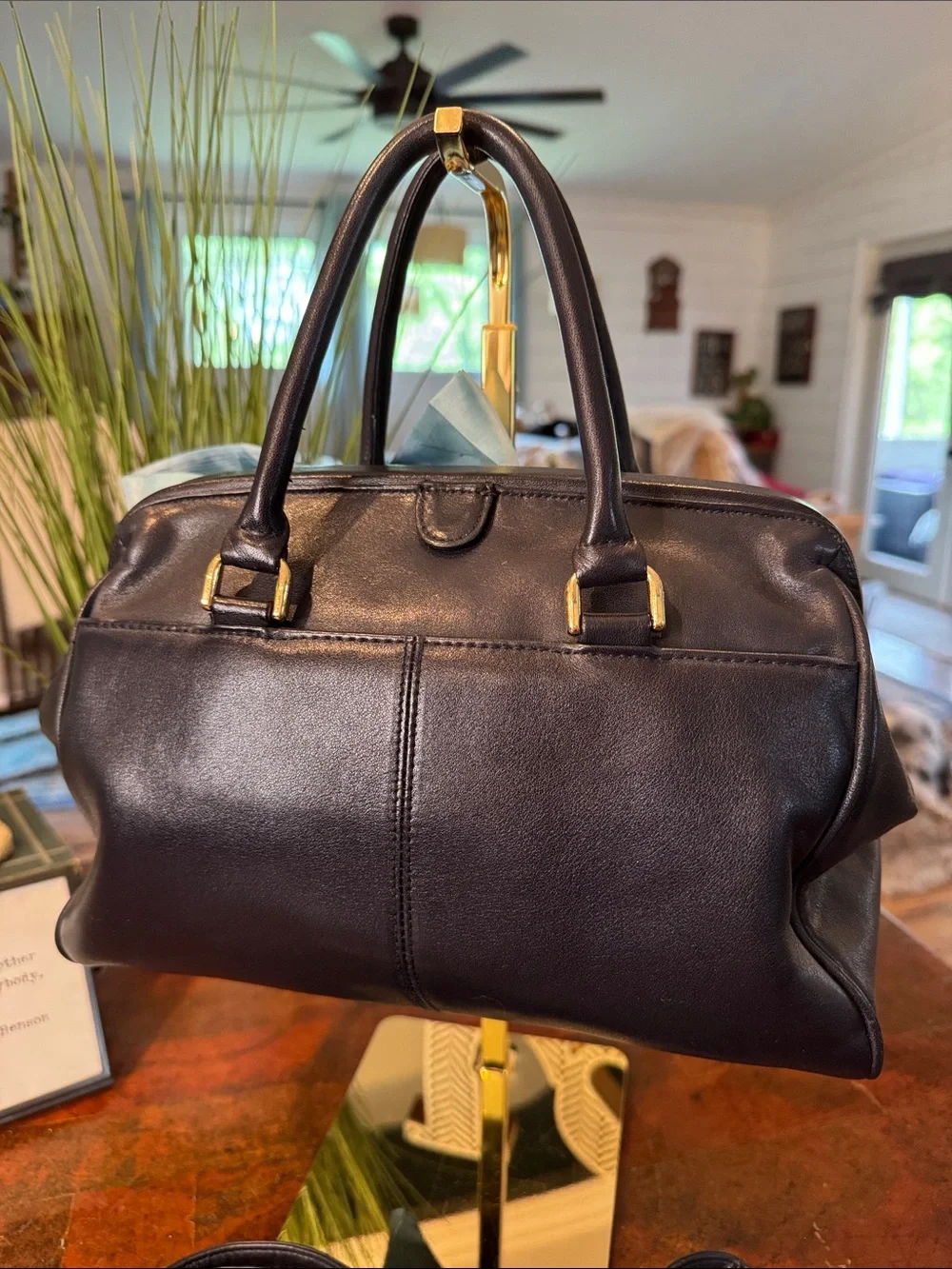 Etienne Aigner Navy Leather Satchel with Light Blue Scarf